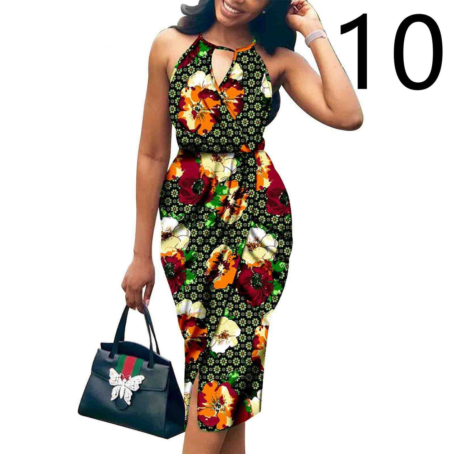 African Print Batik Cotton Sleeveless V-Neck Halter Strap Formal Party Dress to 3X Plus Size