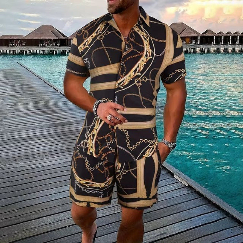 Men's Geometric/Colorblock 3D Print Turn-Down Collar Short Sleeve Polo Shirt + Shorts 2-Piece Set