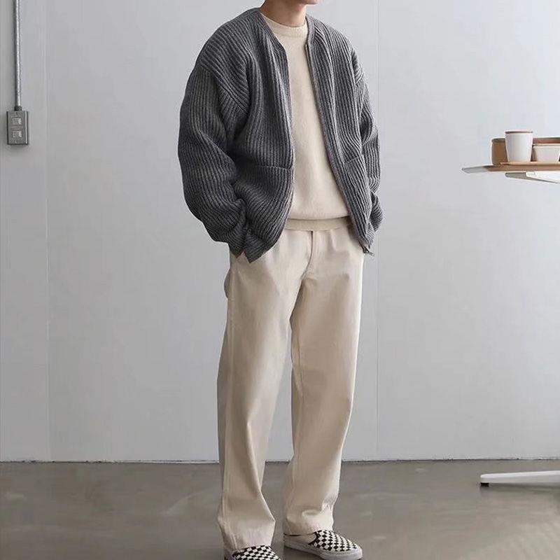 Men's Knitted Lined Funnel Neck Pocketed Zipper Cardigan Sweater Jacket