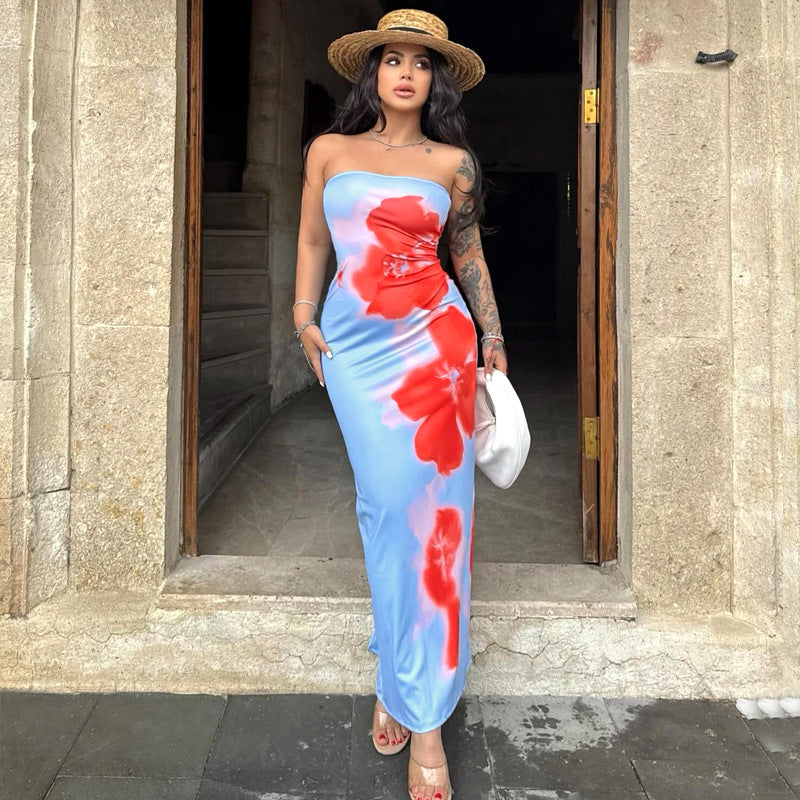 Strapless Big Flower Print Maxi Tube Dress