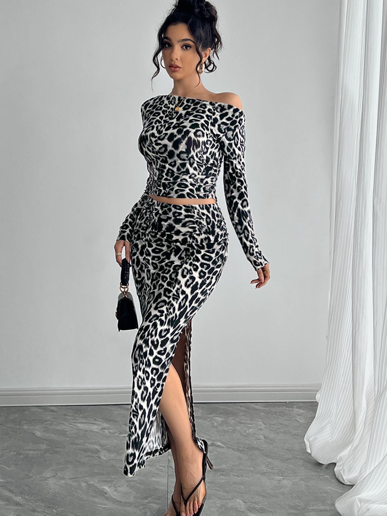 Black/Grey Leopard Print Long Sleeve Shirt + High Slit Maxi Skirt Women's 2-Piece Set