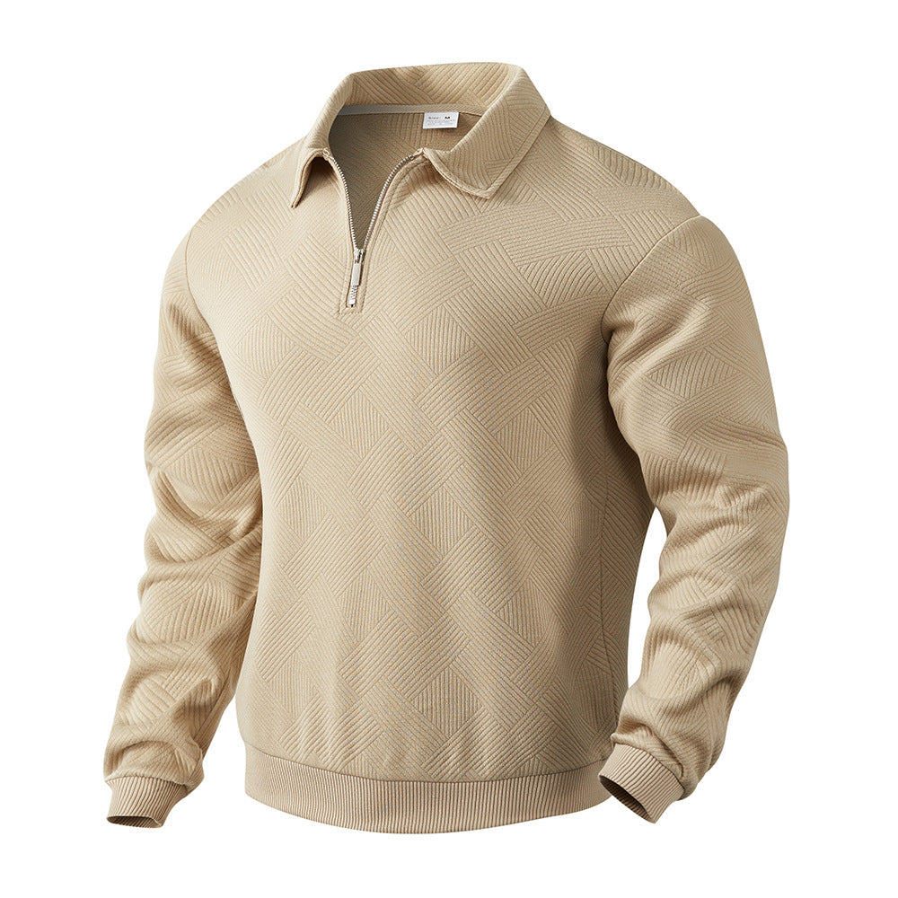 Men's Jacquard Turn-Down Collar Half Zipper Solid Color Long Sleeve Sweatshirt