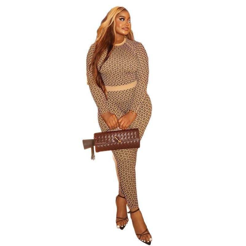 Khaki/Black Monogram Print Women's O-Neck Long Sleeve Skin Tight Women's Jumpsuit