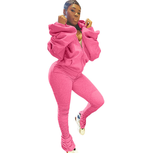 Ruched Balloon Sleeve Women's Sportswear Long Sleeve Zipper Jacket + Stacked Leggings Tracksuit to 3X Plus Size