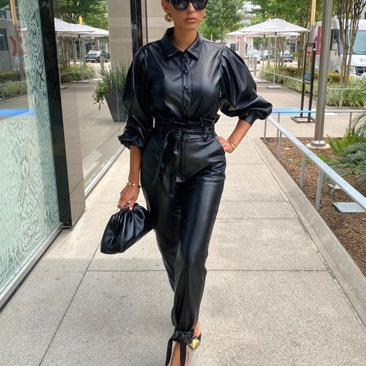 Black PU Leather Turn-Down Collar Long Sleeve Button-Up Women's Blouse + Pants w/ Sash Belt 2-Piece Set