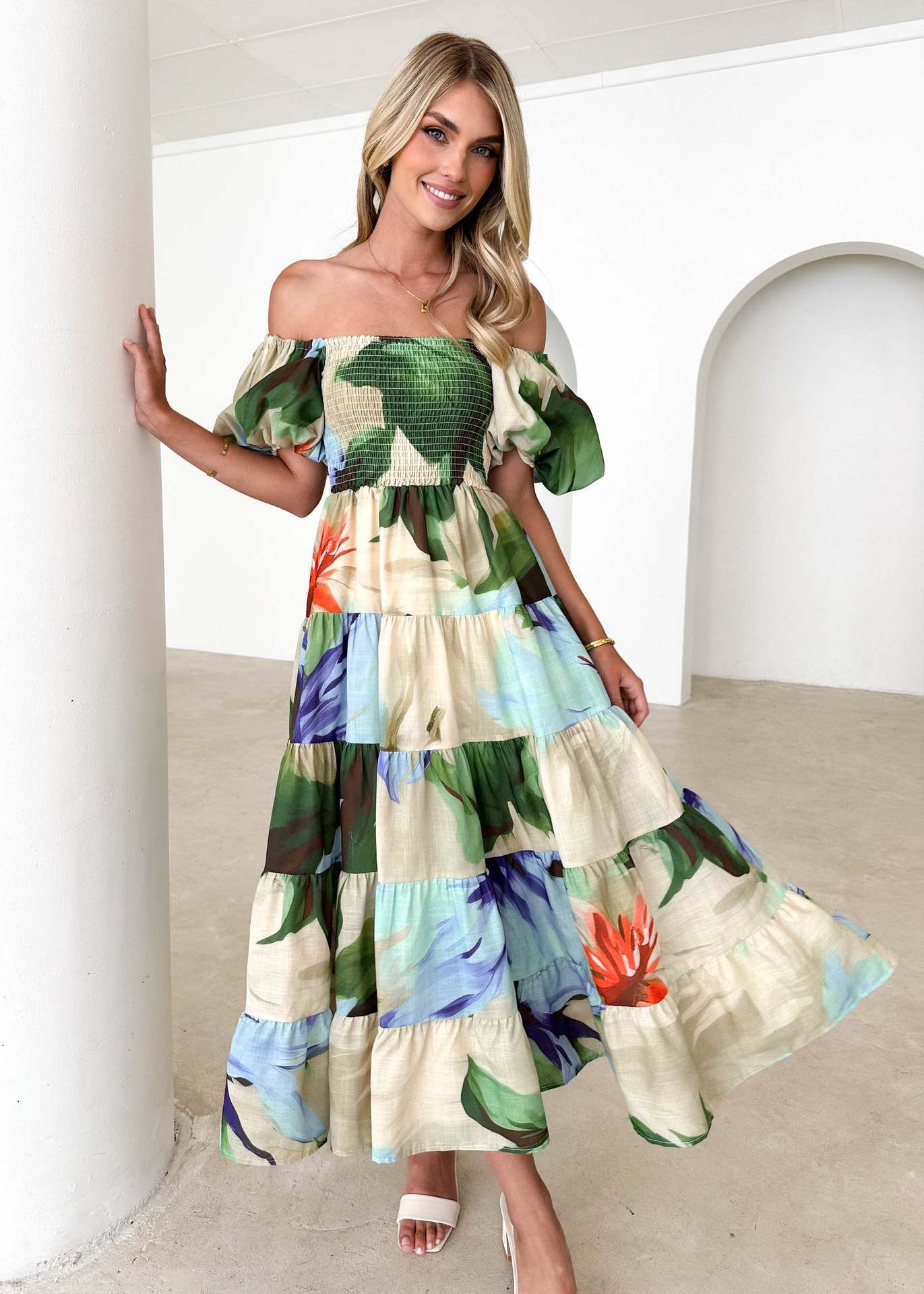 Flower Print Tiered Short Bubble Sleeve High Waist Off-the-Shoulder Bohemian Maxi Dress