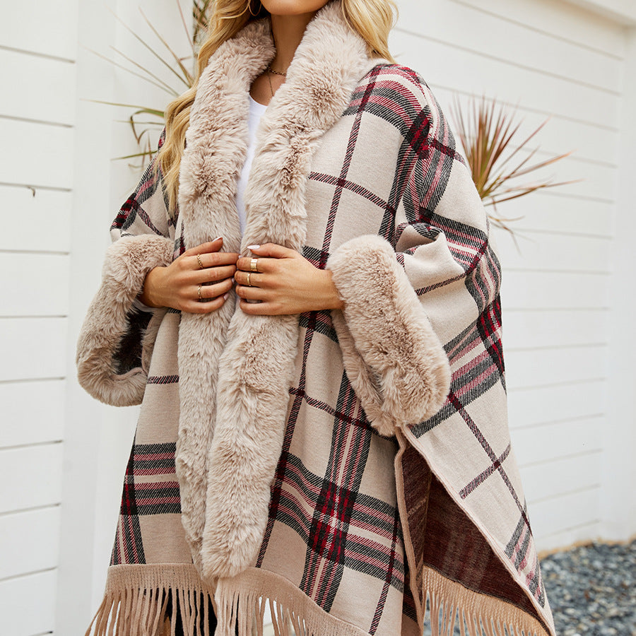 Plaid Tassel Fringe Design Women's Open Cardigan Shawl  Sweater