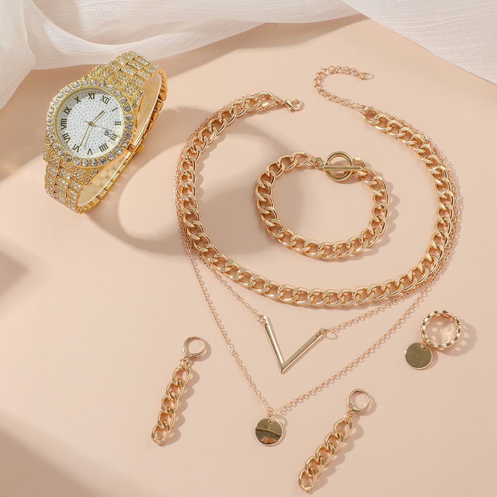 Iced Out Rhinestone Quartz Watch, V-Shaped Multi-Layered Chain Necklace, Earrings, Chain Ring & Bracelet Women's 5-Piece Jewelry Set