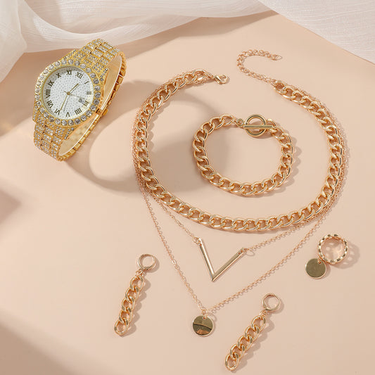 Iced Out Rhinestone Quartz Watch, V-Shaped Multi-Layered Chain Necklace, Earrings, Chain Ring & Bracelet Women's 5-Piece Jewelry Set