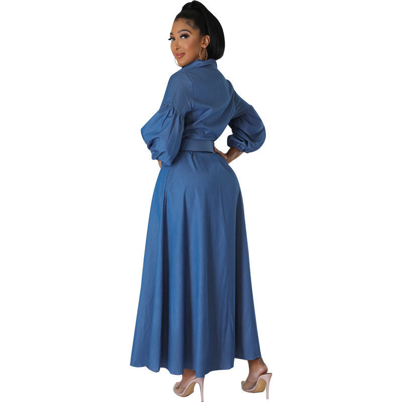 Blue Denim Button-Up Long Balloon Sleeve Maxi Jean Dress