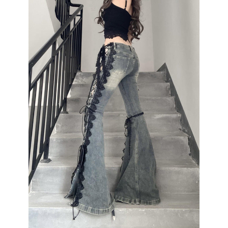 Vintage Lace Strap Women's High Slit Jeans