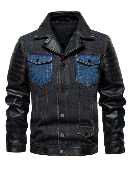 Men's Denim PU Leather Patchwork Colorblock Double Pocket Jean Jacket