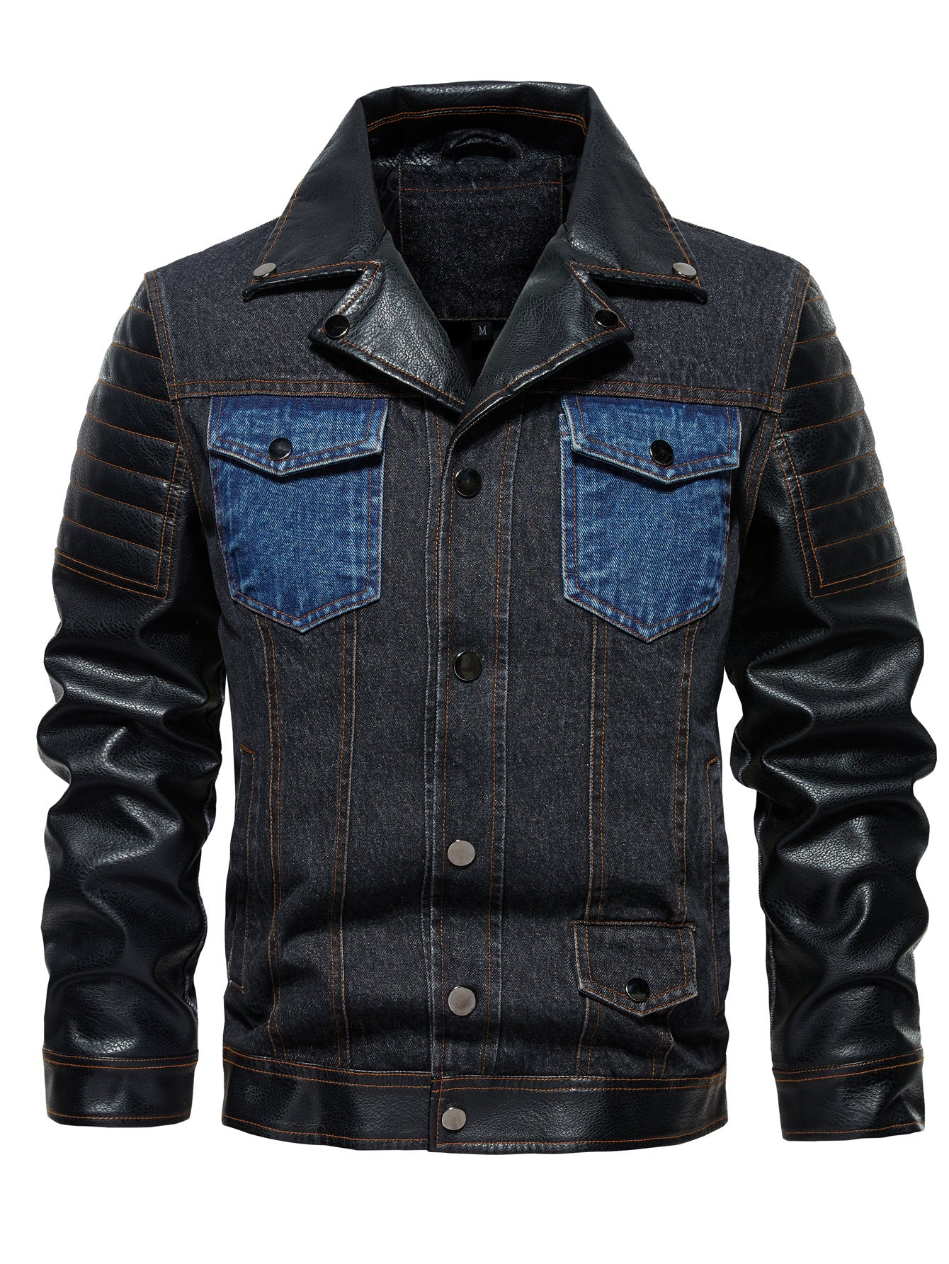 Men's Denim PU Leather Patchwork Colorblock Double Pocket Jean Jacket