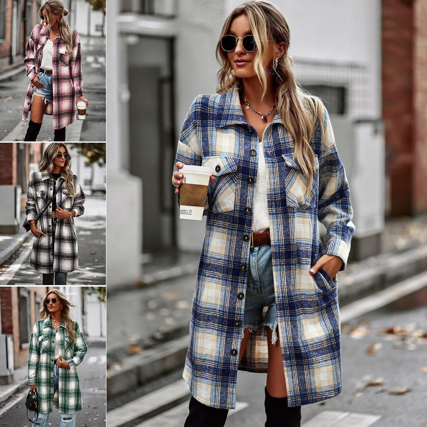 Plaid Print Turn-Down Collar Long Sleeve Women's Shacket