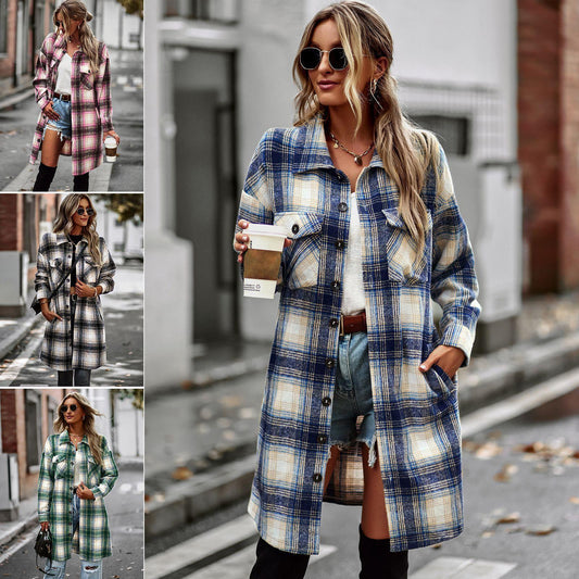 Plaid Print Turn-Down Collar Long Sleeve Women's Shacket
