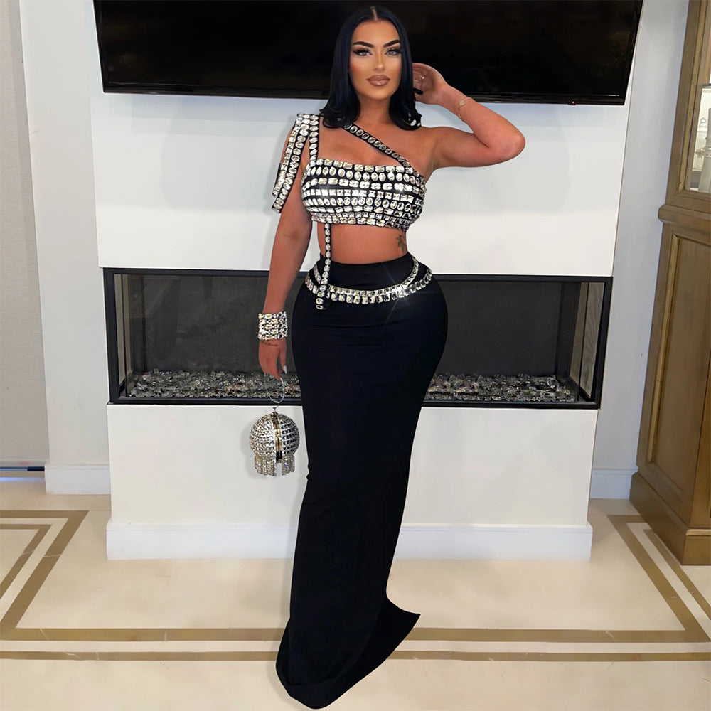 Draped Big Rhinestone Embellished Asymmetrical One Shoulder Crop Top+ Maxi Skirt Women's Formal 2-Piece Set