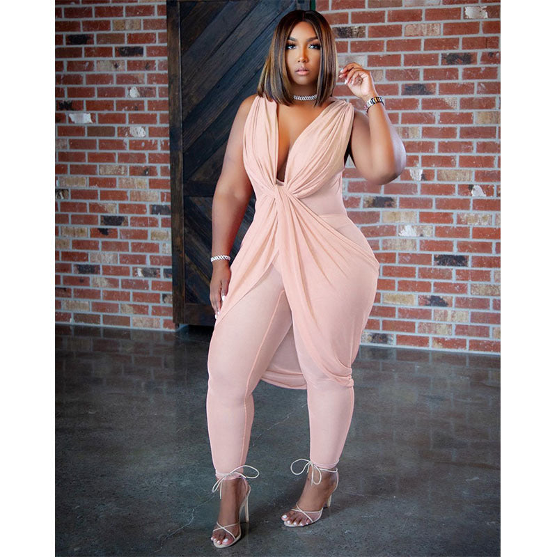 Sleeveless Ruched Milk Silk Deep V-Neck Layered Jumpsuit to 4X Plus Size