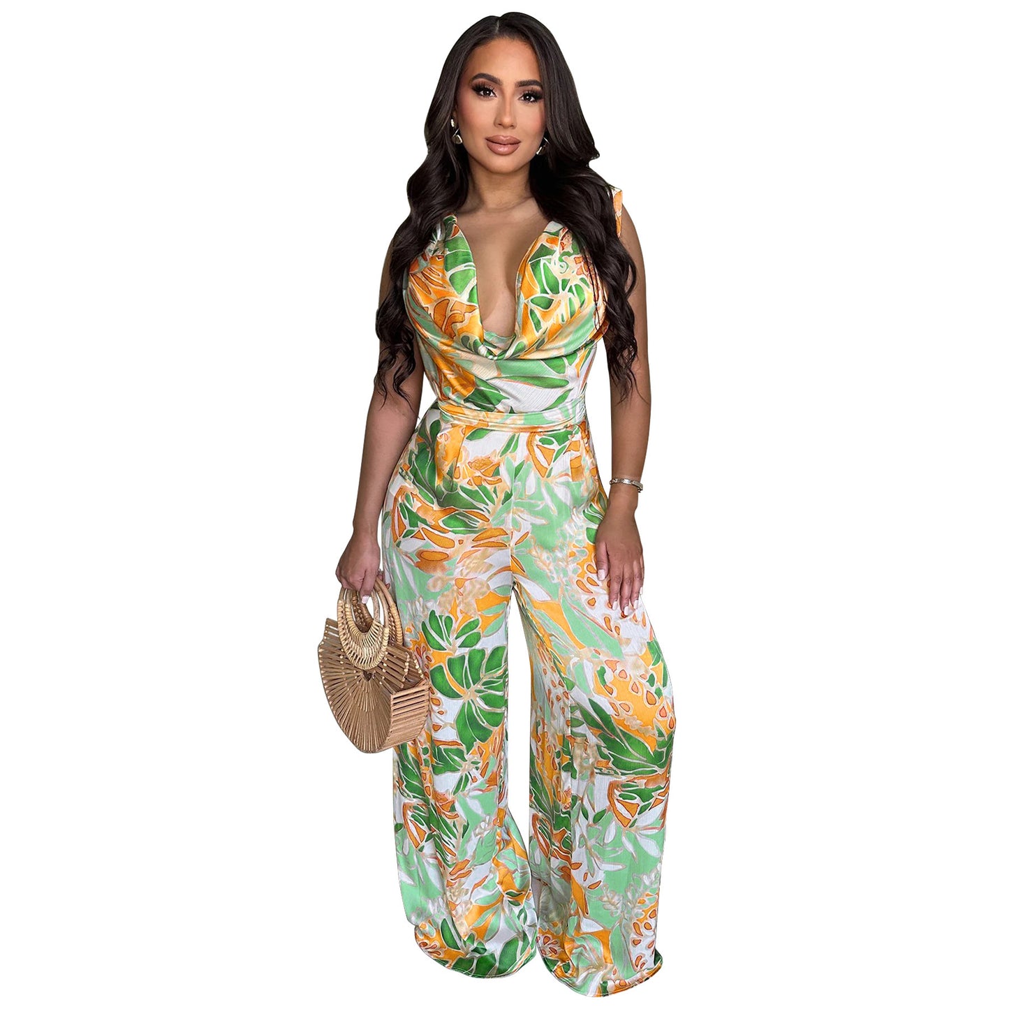 Tropical Print Deep V-Neck Women's Sleeveless Hollow-Out, Lace-Up Back Wide Leg Jumpsuit