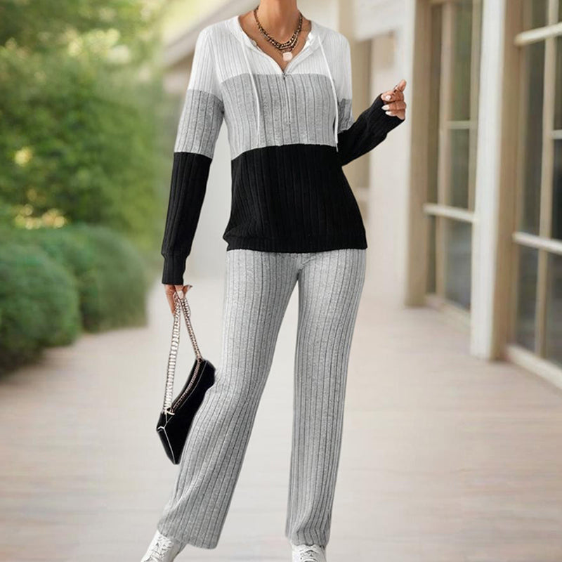 Knitted Ribbed Drawstring Striped Colorblock Long Sleeve Zipper Hoodie Sweatshirt + Wide Leg Sweatpants Women's Tracksuit