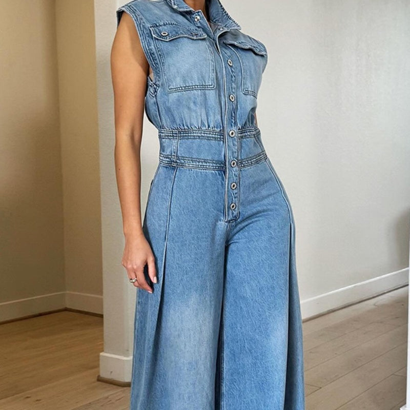 Denim Blue Washed Sleeveless Turn-Down Collar Wide Leg Women's Jeans Jumpsuit