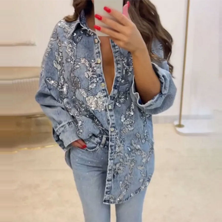 Denim Silver Metallic Floral Design Women's Long Sleeve Denim Jean Jacket to 5X Plus Size