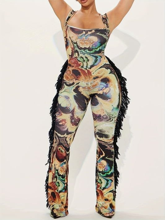 Tassel Fringe Design Sleeveless Flower Print Women's V-Neck Fringe Detail Ruffled Hem Jumpsuit