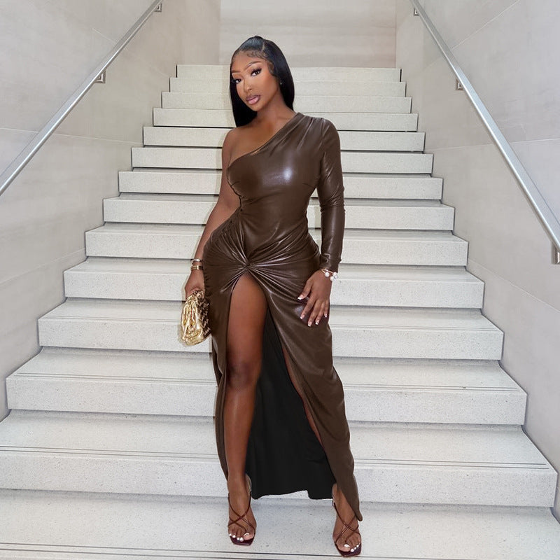 Brown/Black PU Leather Ruched Asymmetrical Oblique One Shoulder Long Sleeve High Slit Maxi Dress