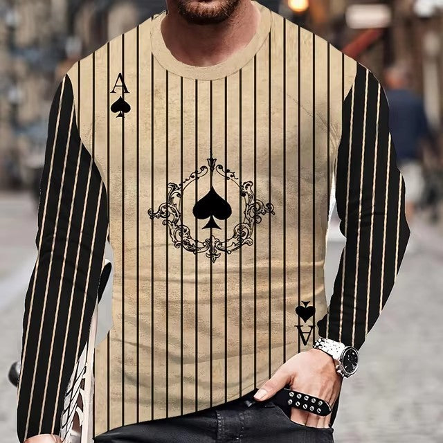 Men's Hip-Hop 3D Striped/Solid Playing Card Letter Digital Print Long Sleeve T-Shirt