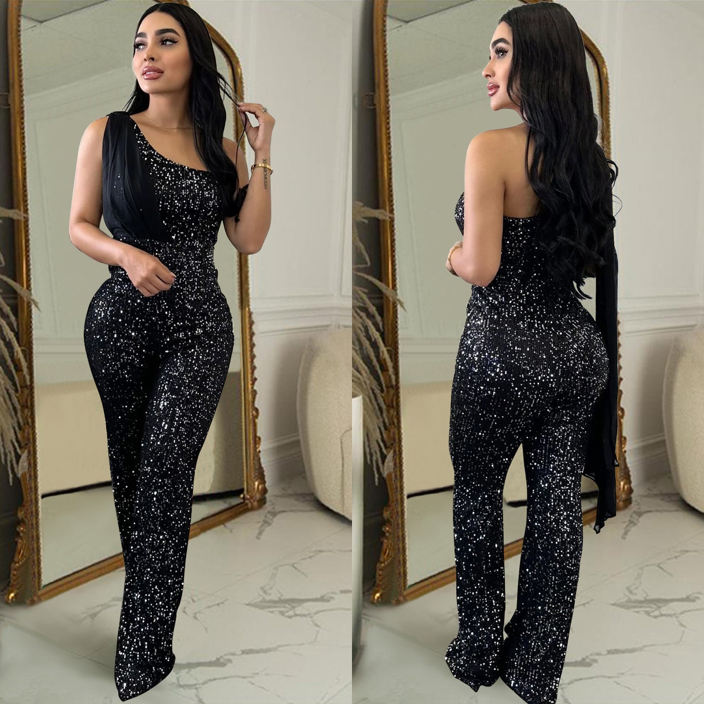Sequin Glitter Asymmetrical Women's Solid Color Sleeveless One Shoulder Jumpsuit