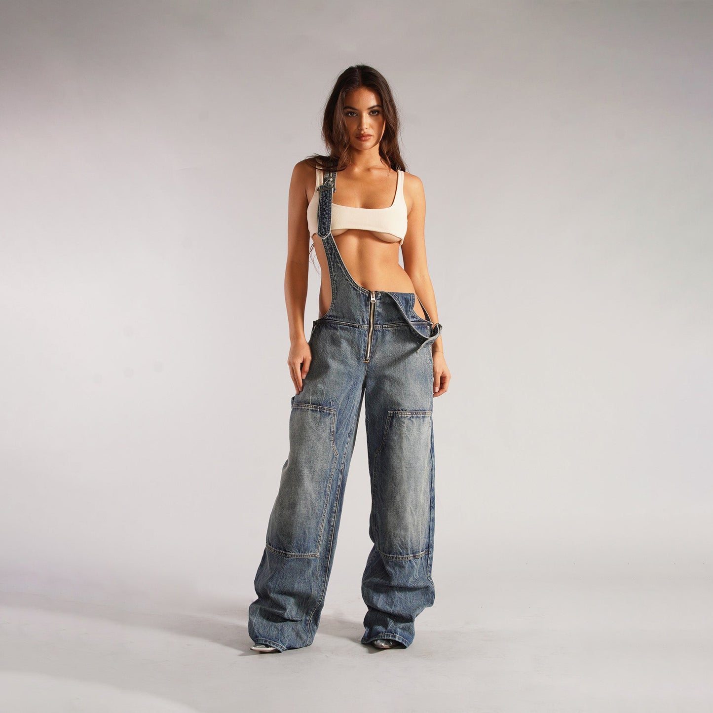Faded Denim Pocketed Loose Suspender Streetwear Women's Overall Jeans Jumpsuit