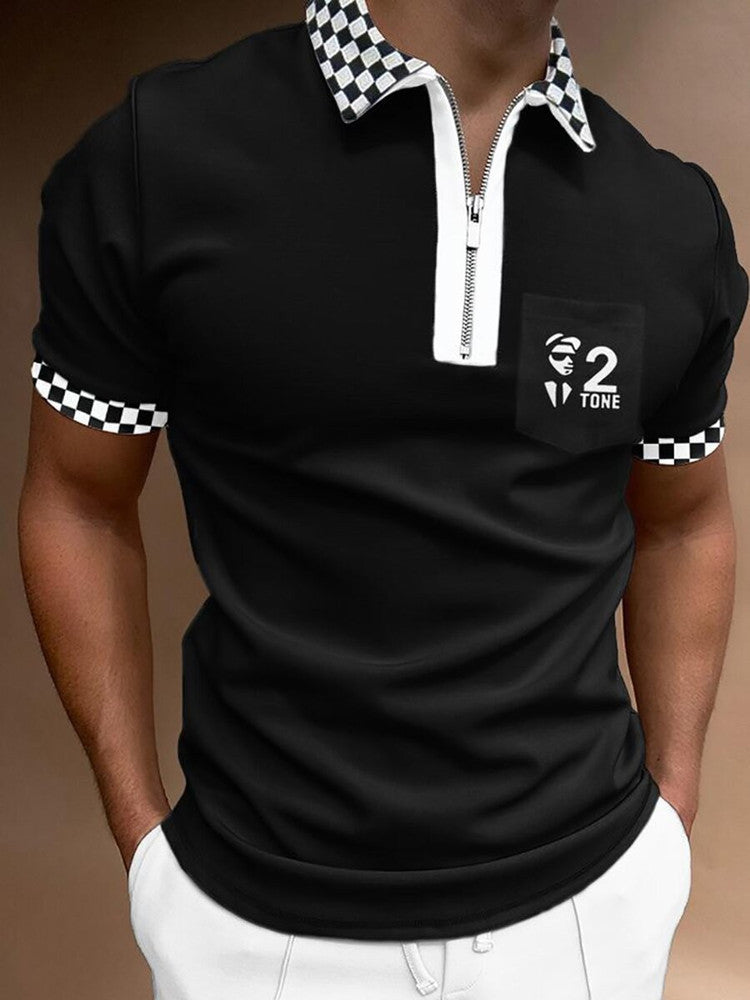 Men's Striped Colorblock Print Short Sleeve Zipper Turn-Down Collar Polo Shirts