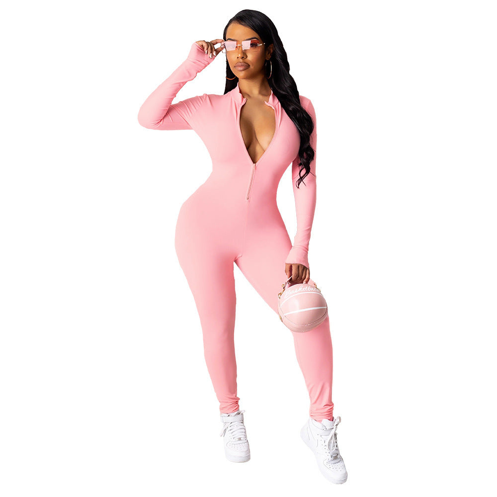 Fitness Workout Deep V-Neck Women's Long Sleeve Bodycon Solid Color Skin Tight Jumpsuit