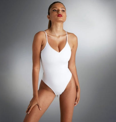 Lace-Up Back String Design Solid Spaghetti Strap V-Neck One-Piece Women's Swimsuit