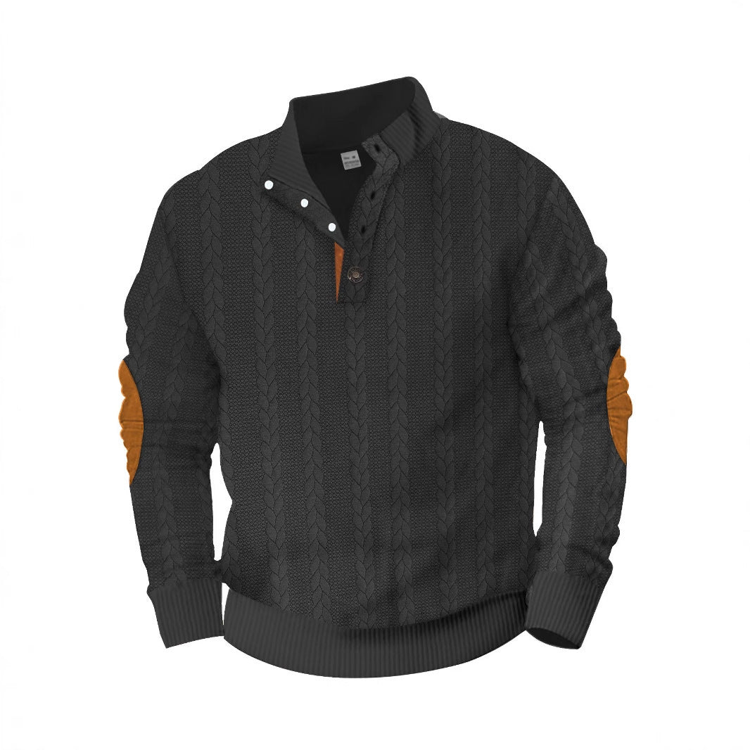 Men's Jacquard Button Design Long Sleeve Embroidered Patch Sweater