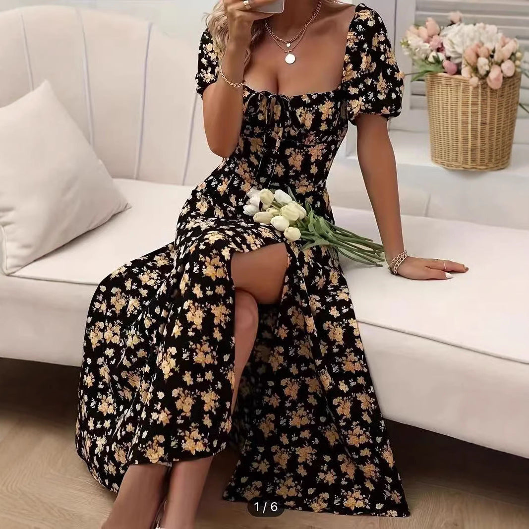 Floral Print Bohemian Short Sleeve High Side Slit Lace-Up Beach Maxi Dress