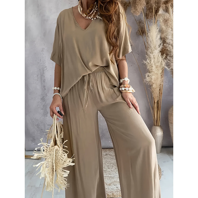 Solid Color V-Neck Half Sleeve Women's T-Shirt + Wide Leg Pants 2-Piece Set