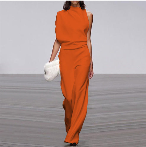 Asymmetrical One Shoulder Sleeveless Casual Commuter Solid Color Skinny Draped Jumpsuit