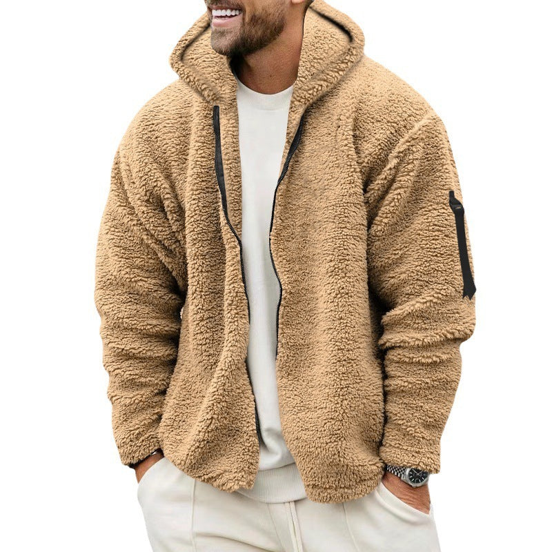 Men's Zipper Sleeve Design Plush Fleece Solid Color Reversible Teddy Hoodie Jacket