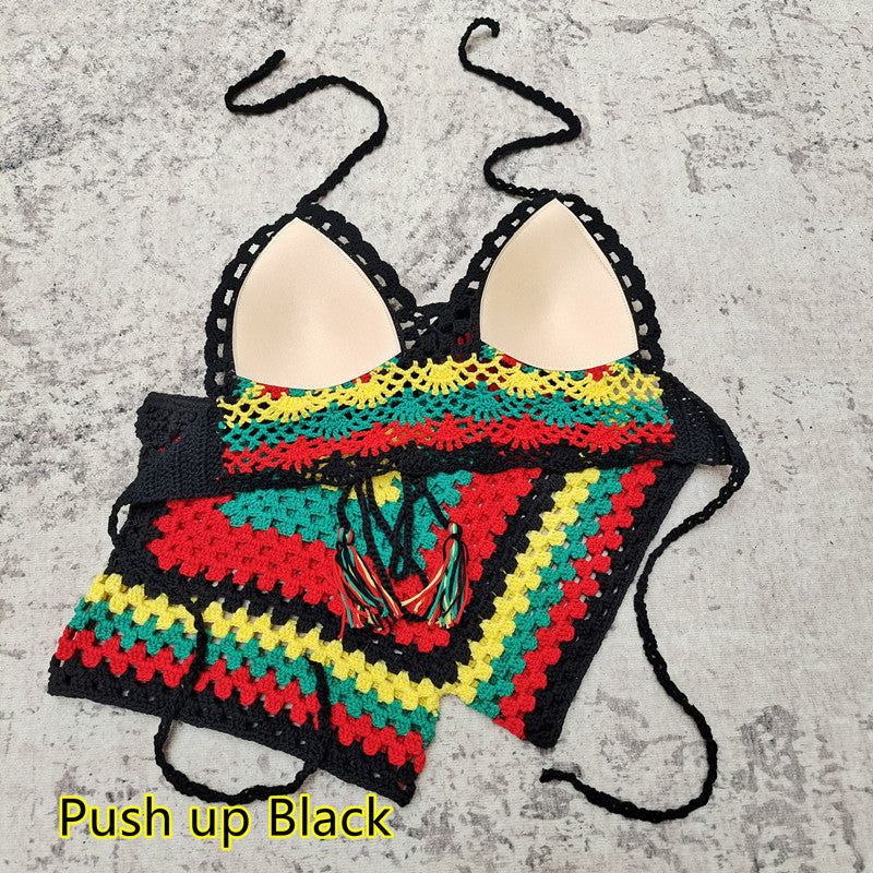 Crochet Knitted Striped Colorblock Rainbow Multi-Colored Women's Drawstring 2-Piece Bikini Swimsuit