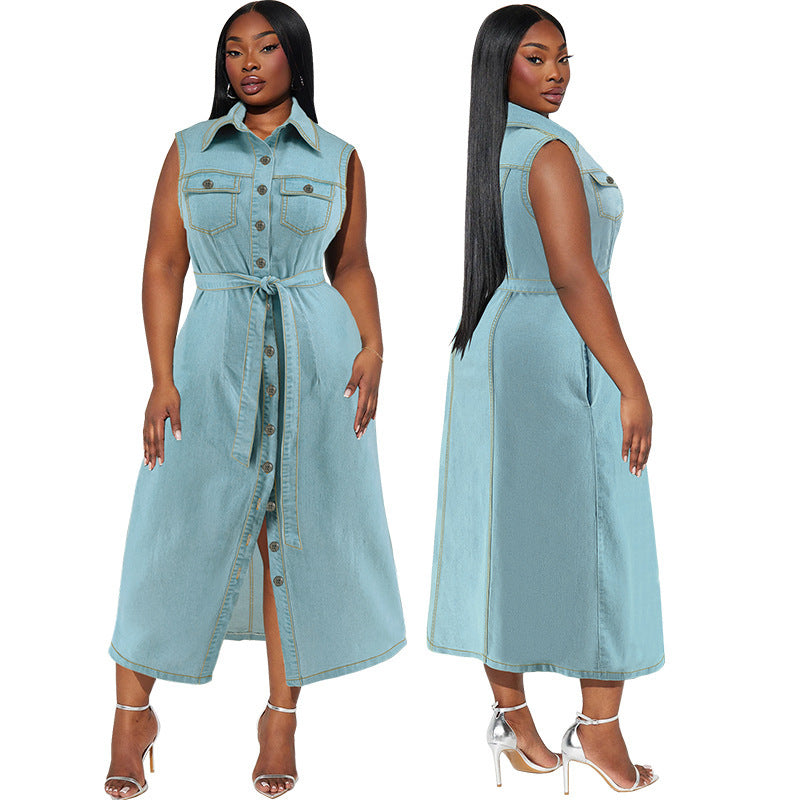 Denim Sleeveless Light Blue Washed Turn-Down Collar Button-Up Sash Belt Maxi Jean Dress to 5X Plus Size