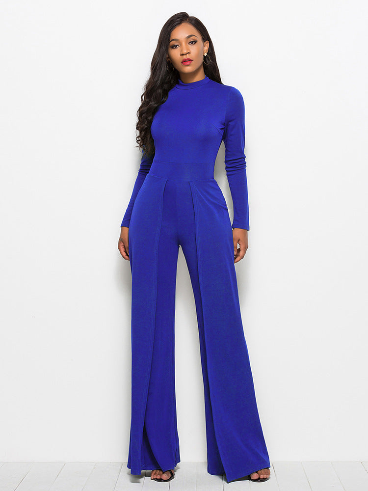 O-Neck Solid Color Long Sleeve Women's Wide Leg Jumpsuit