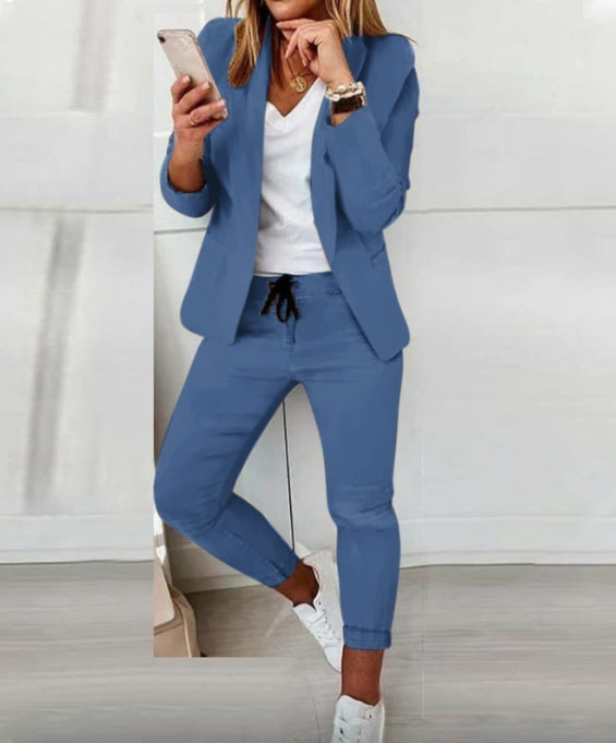 Single Breasted Solid Color Blazer Jacket + Drawstring Pants Women's 2-Piece Office Suit to 3X Plus Size
