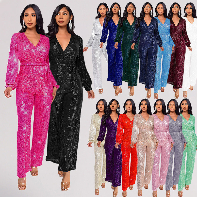 Sparkling Sequin Sash Belt Design V-Neck Long Sleeve High Waist Women's Formal Wide Leg Jumpsuit to 3X Plus Size