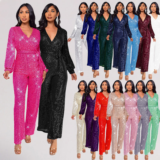 Sparkling Sequin Sash Belt Design V-Neck Long Sleeve High Waist Women's Formal Wide Leg Jumpsuit to 3X Plus Size