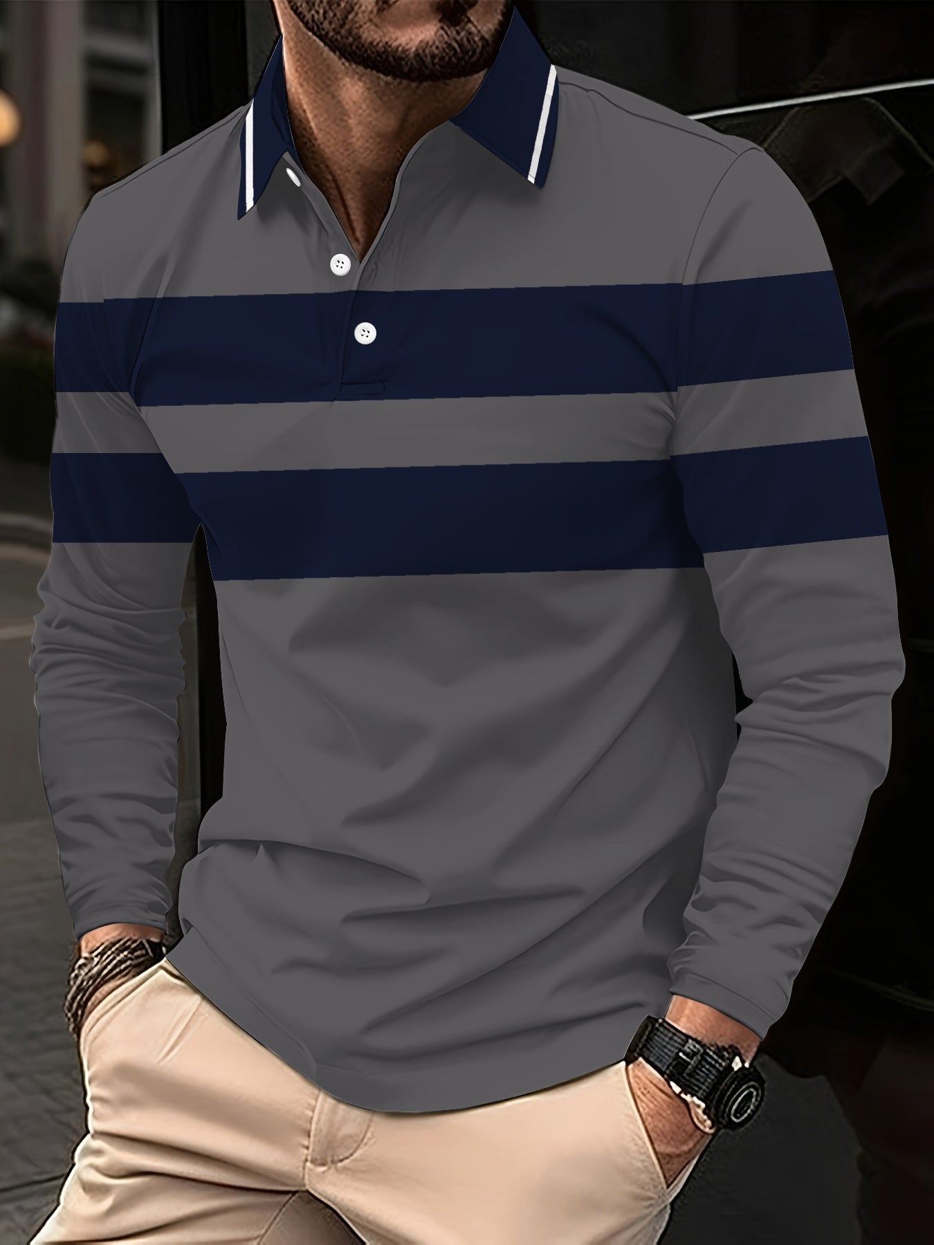Men's Striped Colorblock Quarter Button-Up Long Sleeve Pullover Shirt