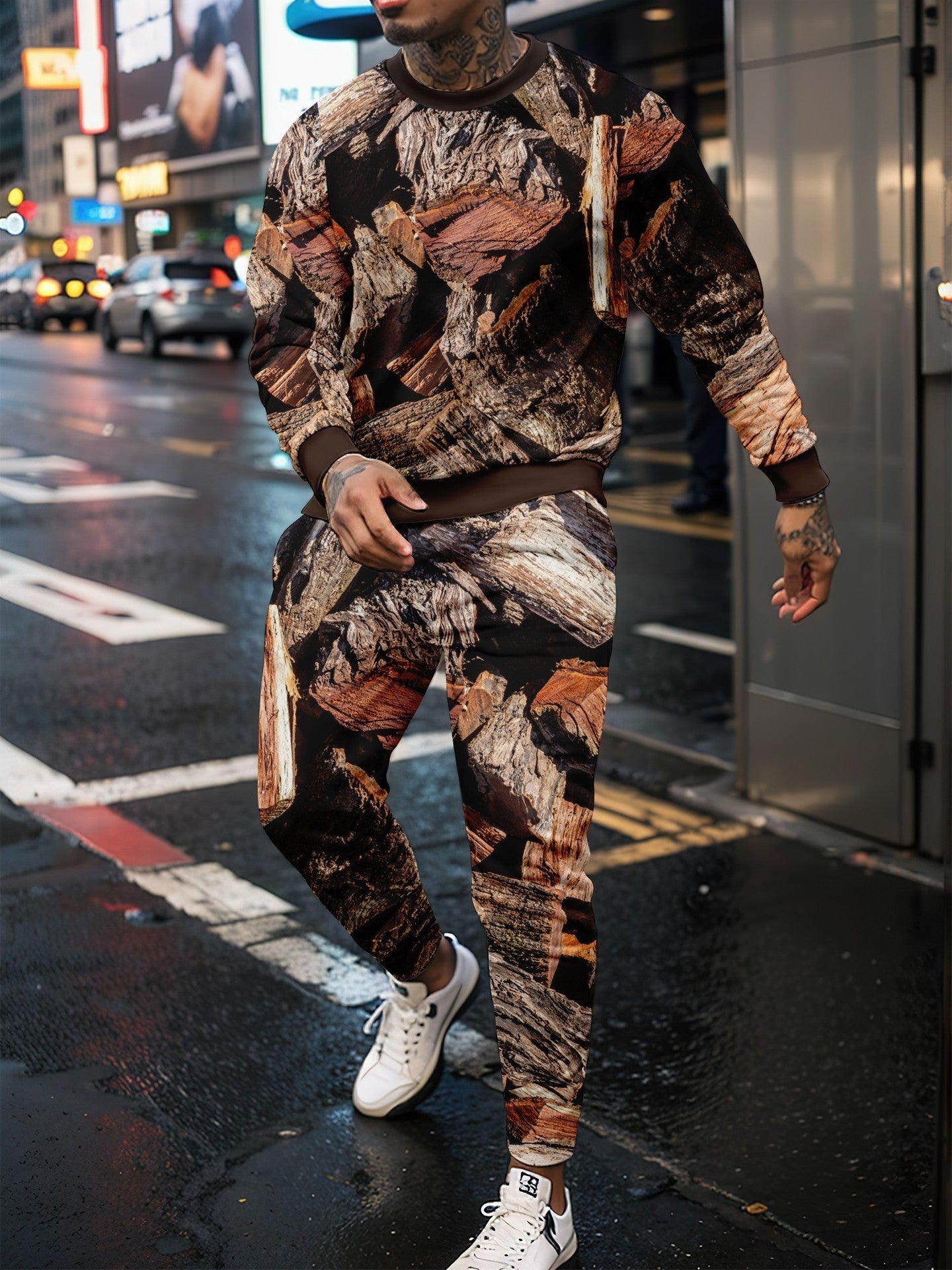 Men's Camo Geometric Fall Leaf Print O-Neck Long Sleeve Sweatshirt + Skinny Jogger Sweatpants Tracksuit to 6X Big & Tall