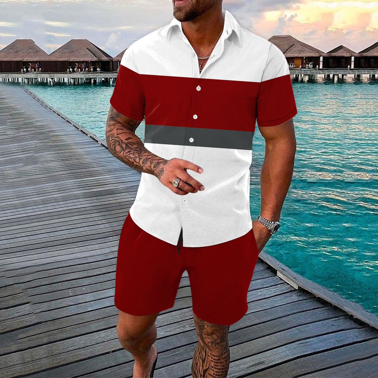 Men's Turn-Down Collar Colorblock Striped Button-Up Polo Shirt + Shorts 2-Piece Set