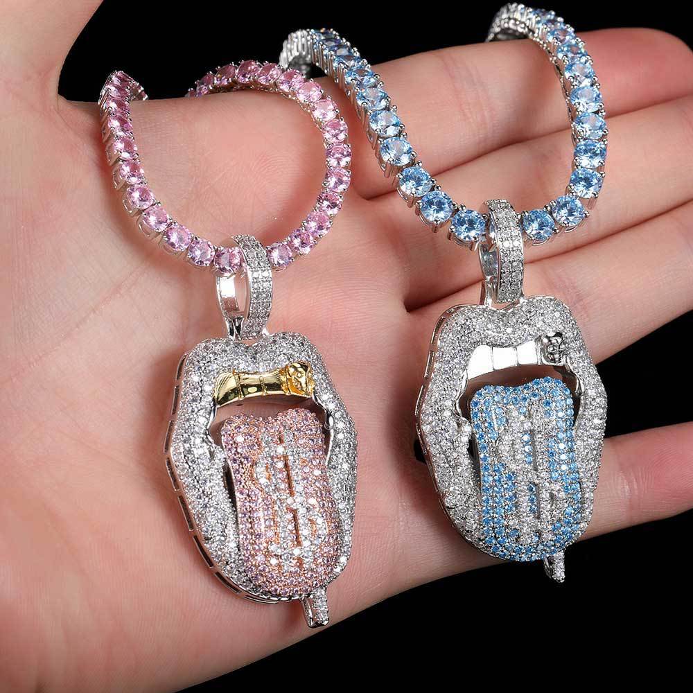 Iced-Out Hip-Hop Dollar Mouth Tongue Pendant Chain Necklace
