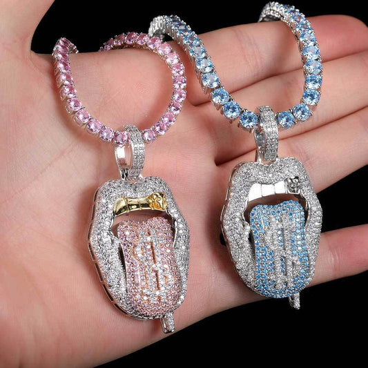 Iced-Out Hip-Hop Dollar Mouth Tongue Pendant Chain Necklace