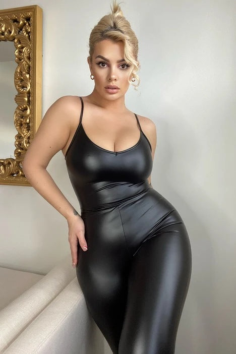 Black PU Leather Sleeveless Spaghetti Strap Women's Skin Tight V-Neck Jumpsuit